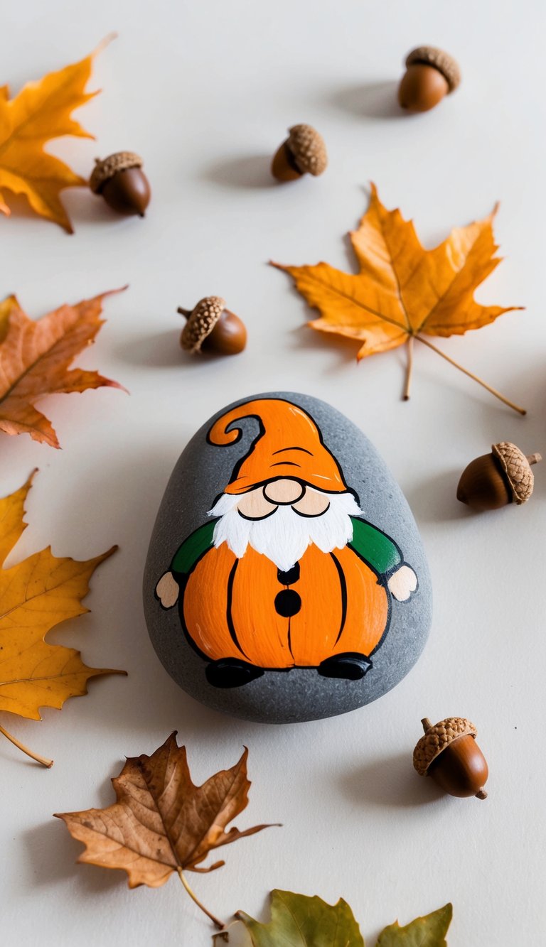 A pumpkin gnome painted rock nestled among autumn leaves and acorns