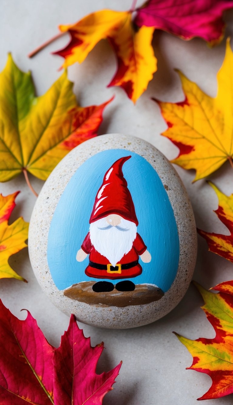 A gnome painted rock nestled among vibrant autumn leaves