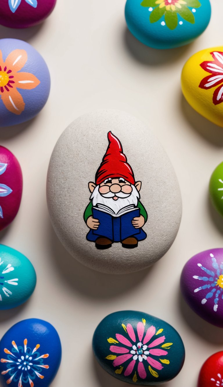 A bookworm gnome librarian surrounded by colorful painted rocks