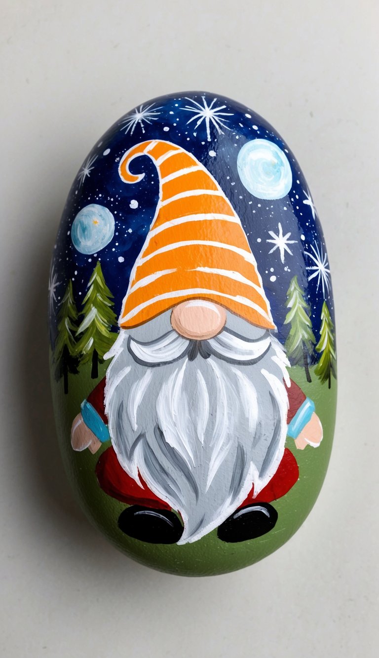 A gnome with a pointed hat sits under a starry night sky, surrounded by celestial elements and whimsical designs on a painted rock