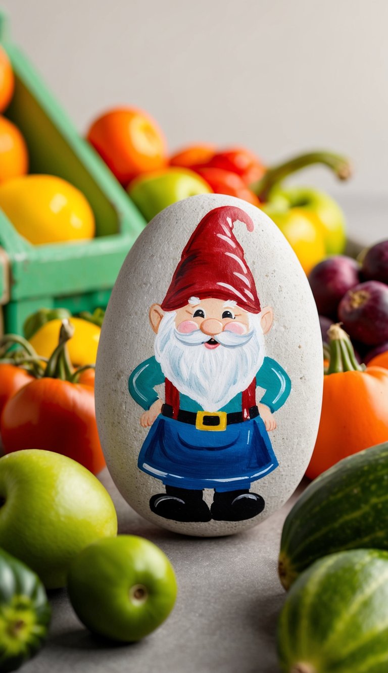 A cheerful gnome painted rock sits among colorful produce at a bustling farmer's market