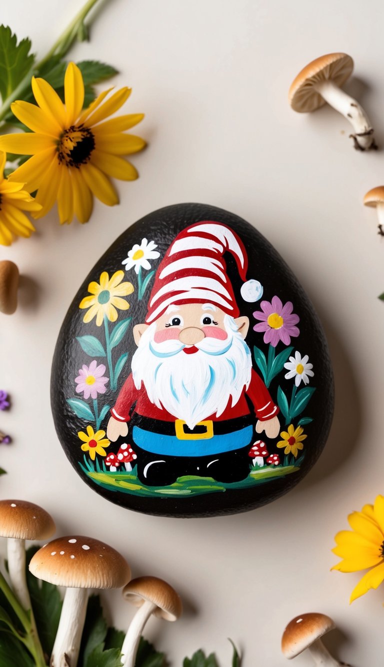 A retro 80s gnome painted rock surrounded by colorful flowers and mushrooms