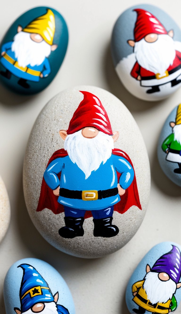 A superhero gnome costume painted rock surrounded by other whimsical gnome-themed rocks