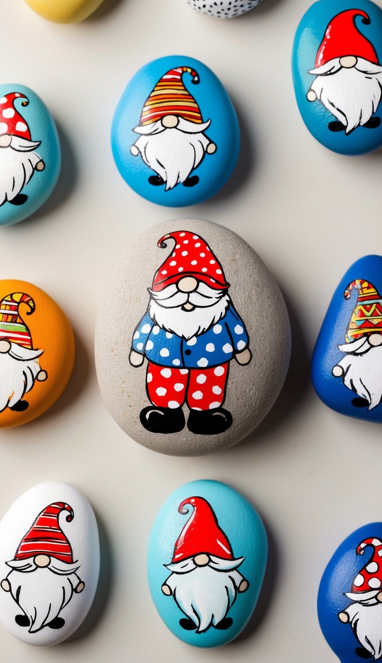 A sleepy pajama gnome nestled among colorful painted rocks, surrounded by whimsical gnome-themed designs