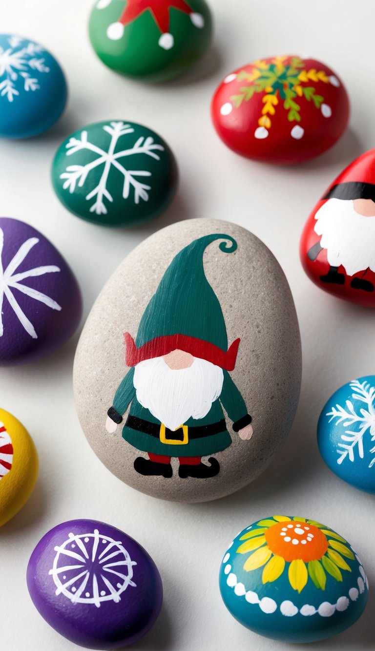 A Christmas elf gnome surrounded by painted rocks, each depicting a unique whimsical design
