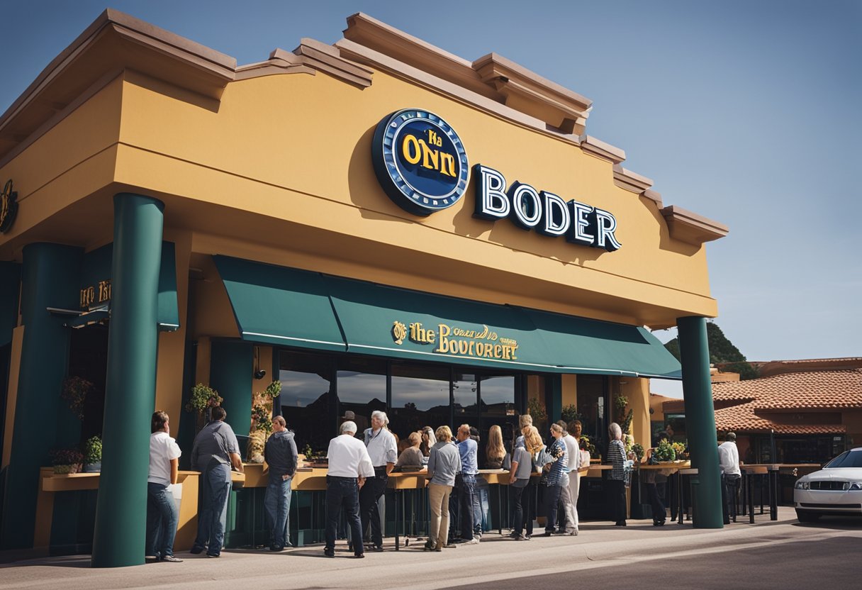 The exterior of an On the Border restaurant, with the company logo prominently displayed and a line of customers waiting to enter