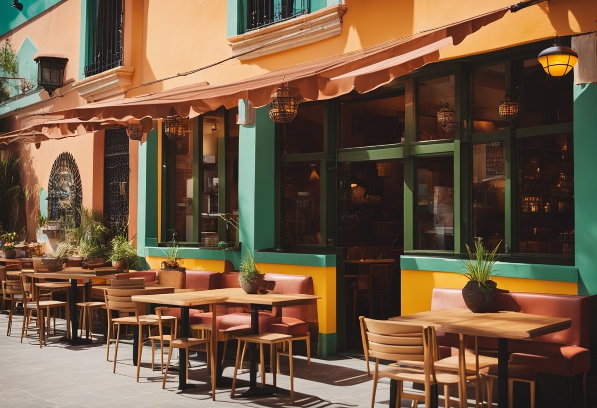 A vibrant Mexican restaurant with a colorful exterior, inviting patio, and bustling kitchen