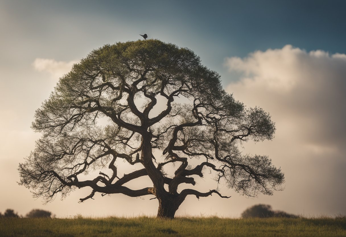 A lone tree stands on the border, its branches stretching into both territories. A small bird perches on a branch, surveying the land
