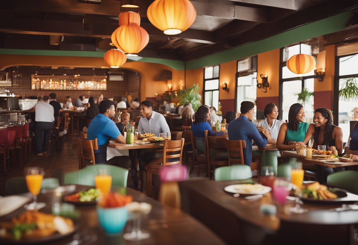 A vibrant restaurant scene with colorful table settings, sizzling fajitas, and friendly servers attending to a diverse group of diners