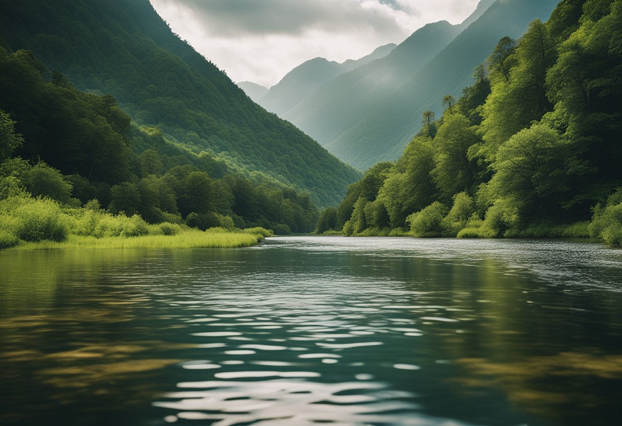 A serene river with a fly line casting over the water, surrounded by lush greenery and a mountainous backdrop