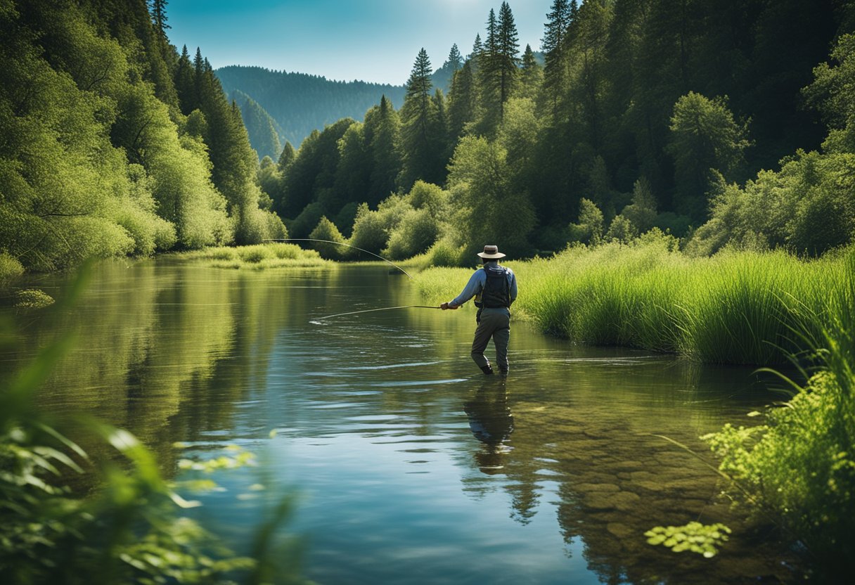 A tranquil river with a fly fisherman casting a line, surrounded by lush greenery and a clear blue sky