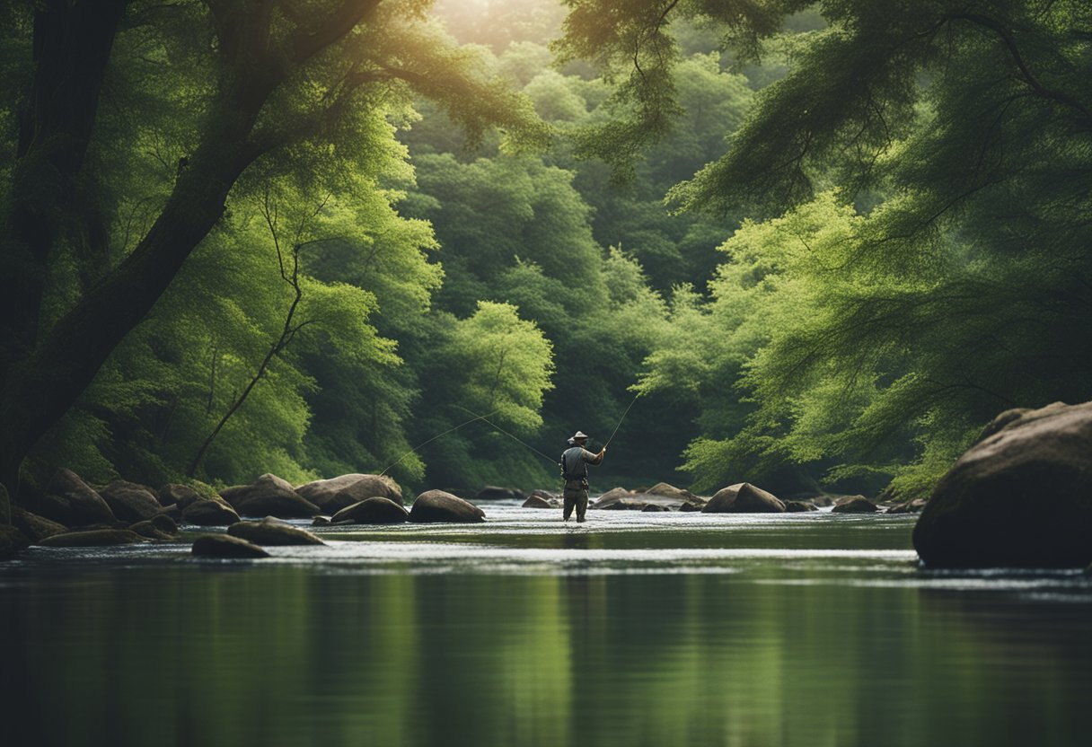 A serene river with a fly fisherman casting his line, surrounded by lush greenery and the gentle sound of flowing water