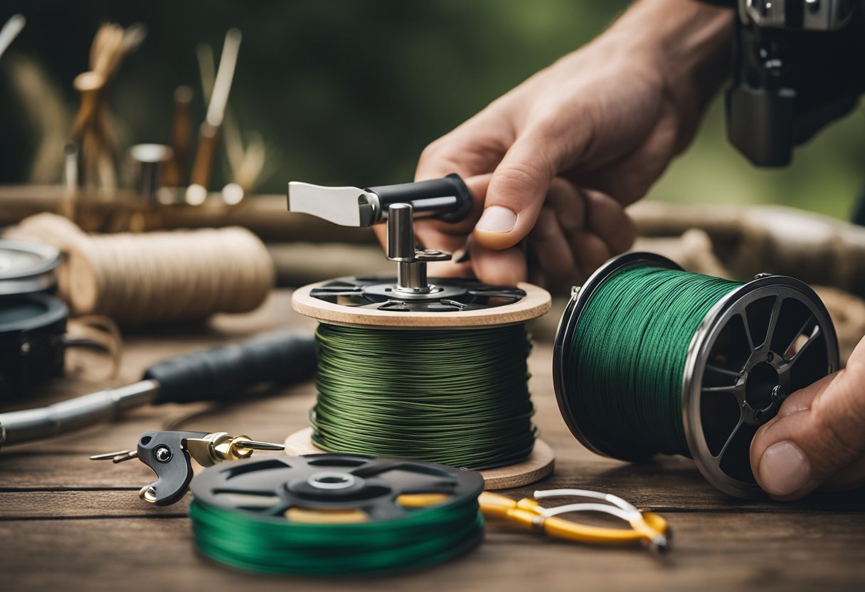 A fly fishing line being carefully tied to a DIY leader, with various tools and materials scattered around