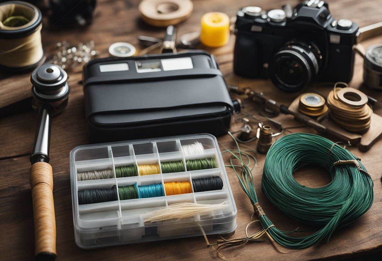 A table with various tools, materials, and fly fishing lines laid out for customization