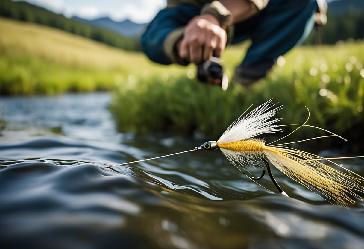 A fly fishing line being cast over a tranquil river, with a leader and tippet attached, and a guide showing the recommended length