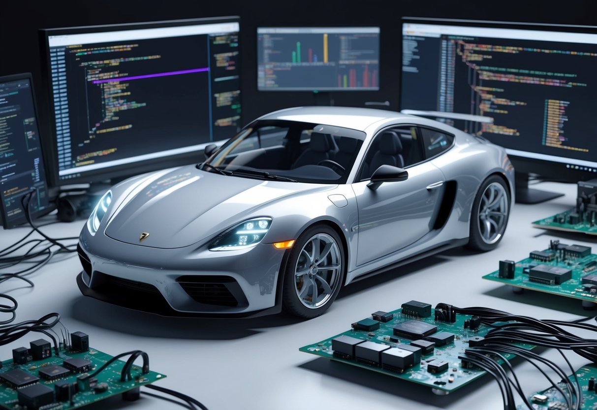 A sleek model car surrounded by computer screens and software code, with wires and circuit boards scattered around