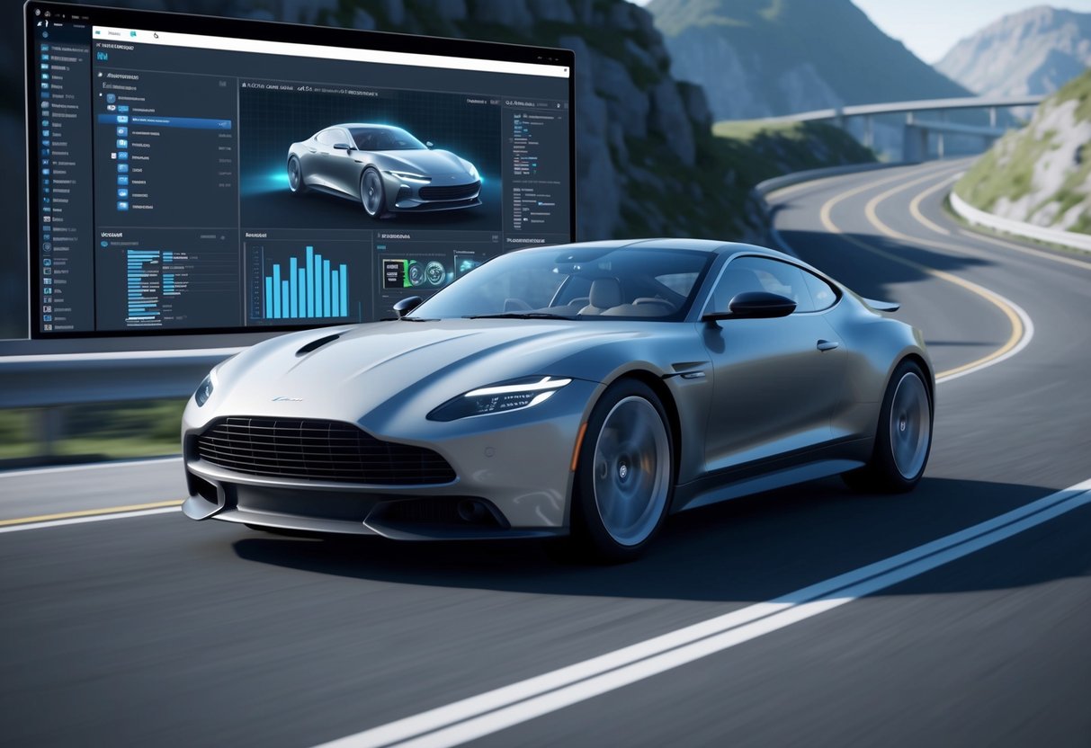 A sleek car driving on a winding road, with digital software interfaces displayed on a computer screen in the background