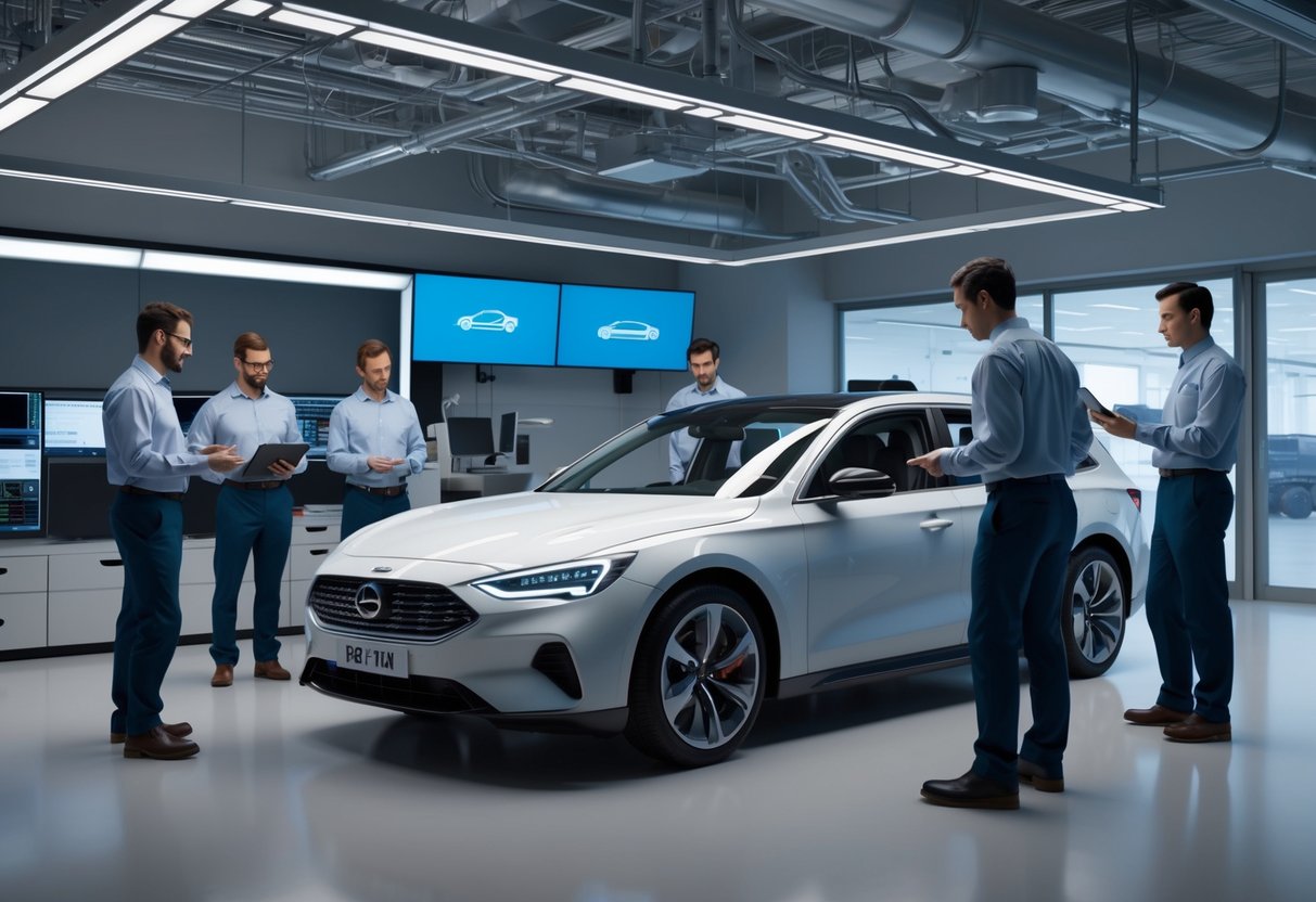 A team of engineers working on model car software in a high-tech commercial vehicle development lab