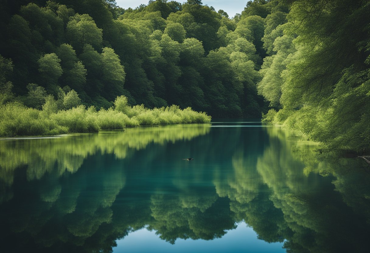 A serene river with a fly line gracefully floating on the water's surface, surrounded by lush greenery and a clear blue sky