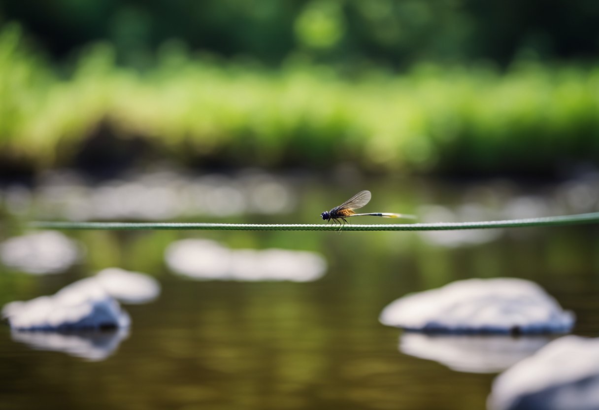 A serene small stream with a floating fly line gracefully casting a dry fly