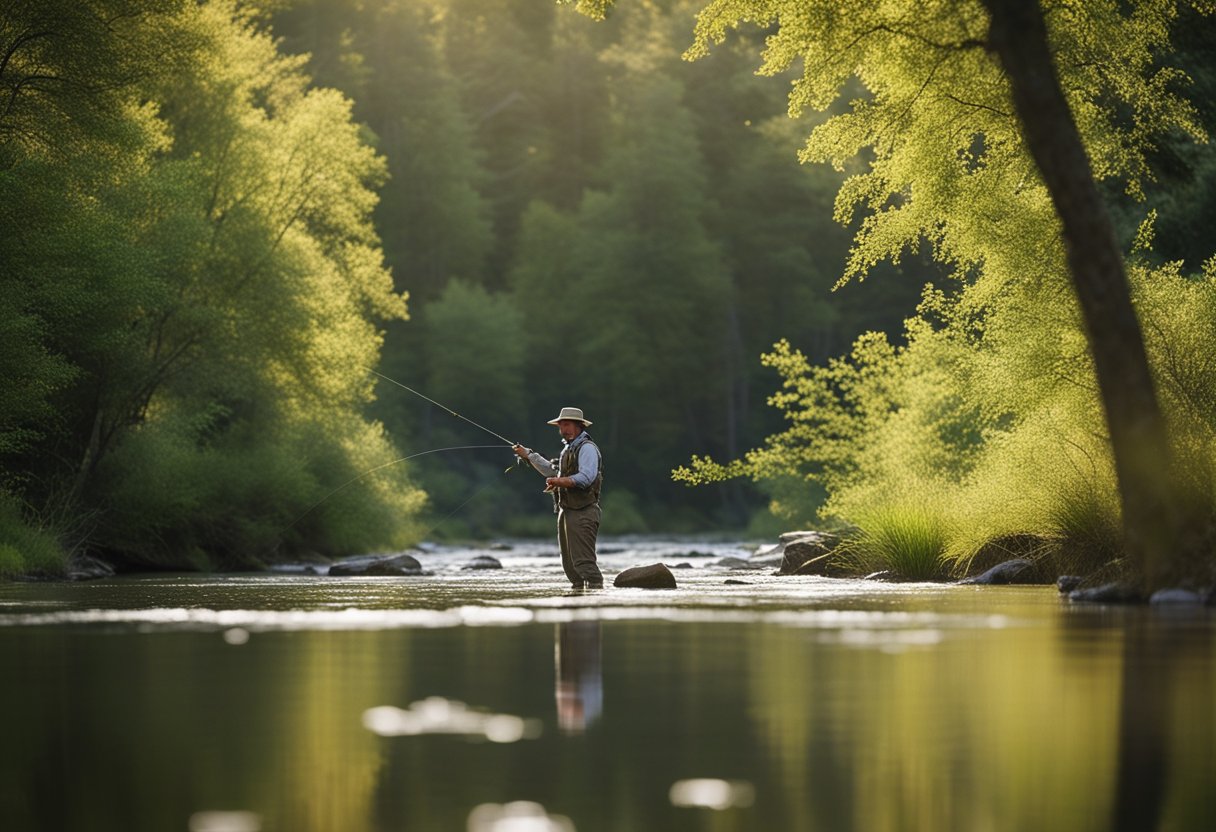 A serene small stream with a fly fisherman casting a dry fly with a floating fly line