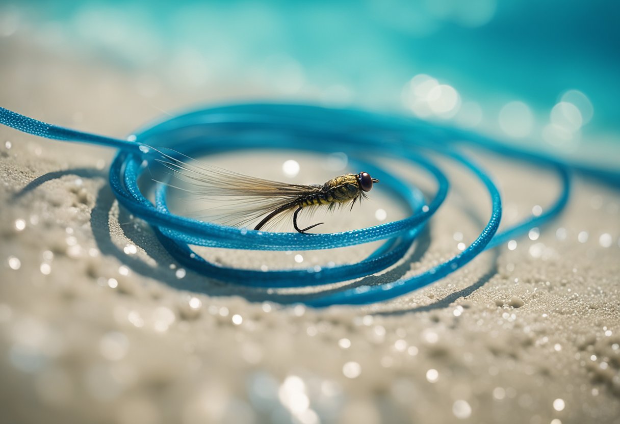 A saltwater fly line glides through clear blue water, leading to a setup of floating fly line and leader