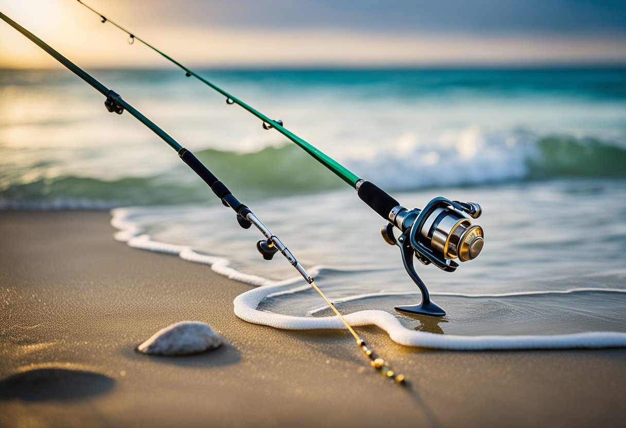 A pristine saltwater beach with a fishing rod, reel, and a top floating fly line brand set up for casting into the sparkling ocean