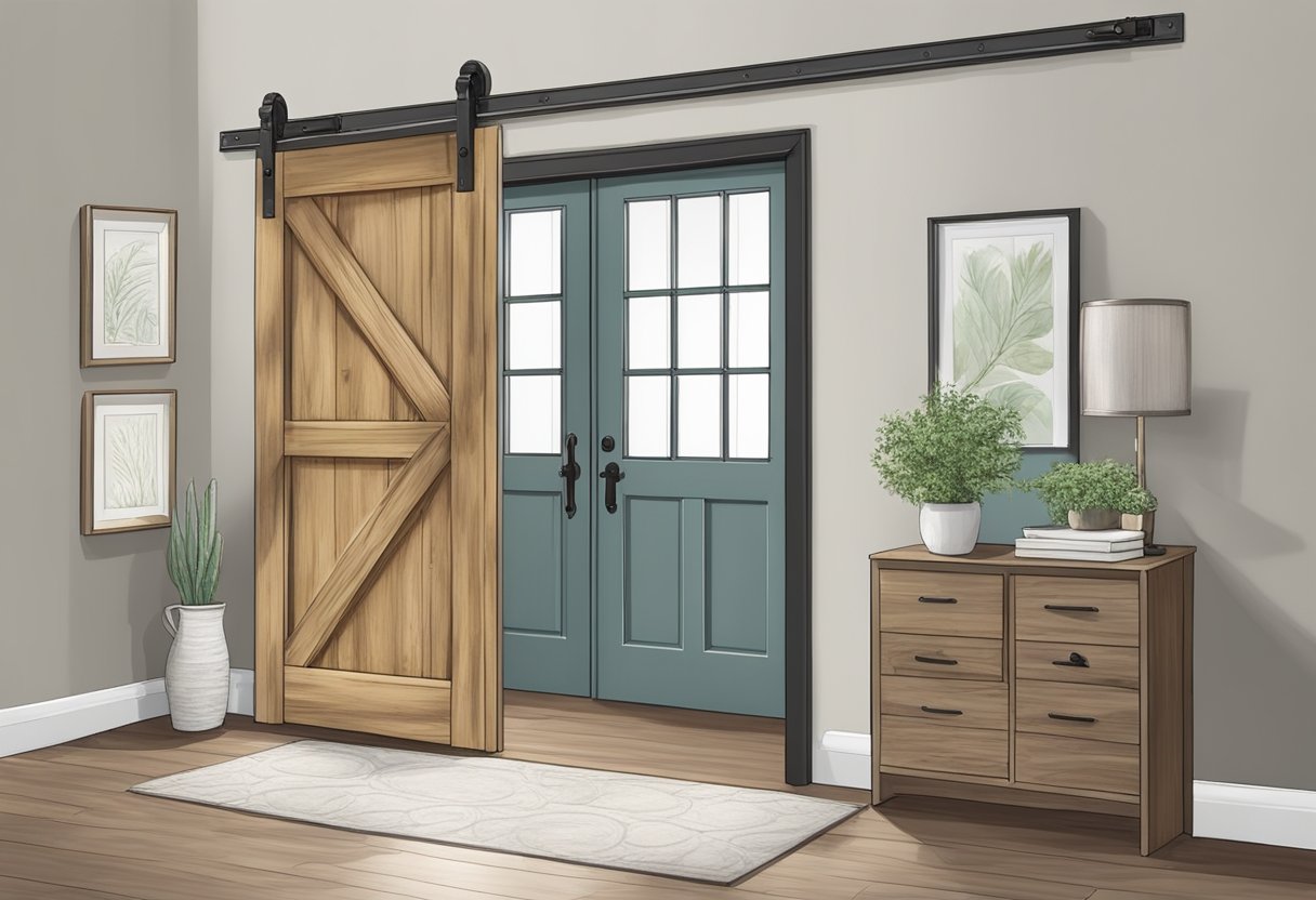 A hollow core door is being transformed into a barn door using a step-by-step process, including the installation of hardware and a rustic finish