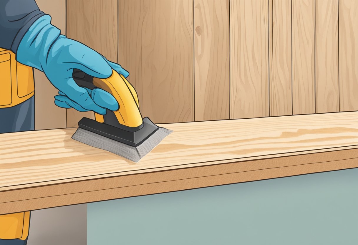 A person is cleaning, attaching, and sanding plywood onto a hollow core door to transform it into a barn door