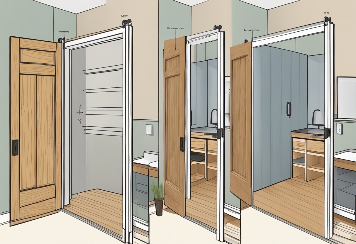 A hollow core door is being transformed into a barn door using sliding hardware. The door is being measured, cut, and installed with the hardware in five steps