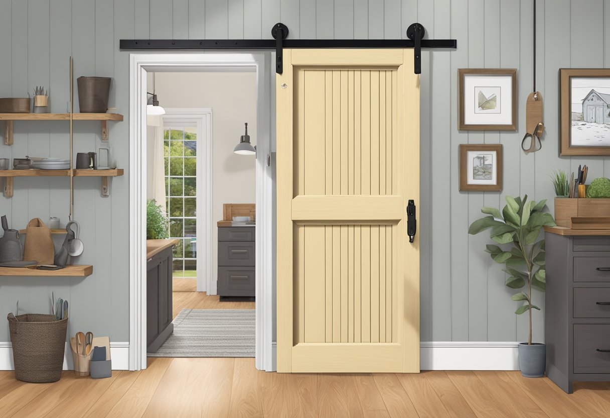 A hollow core door being transformed into a barn door with tools and hardware scattered around