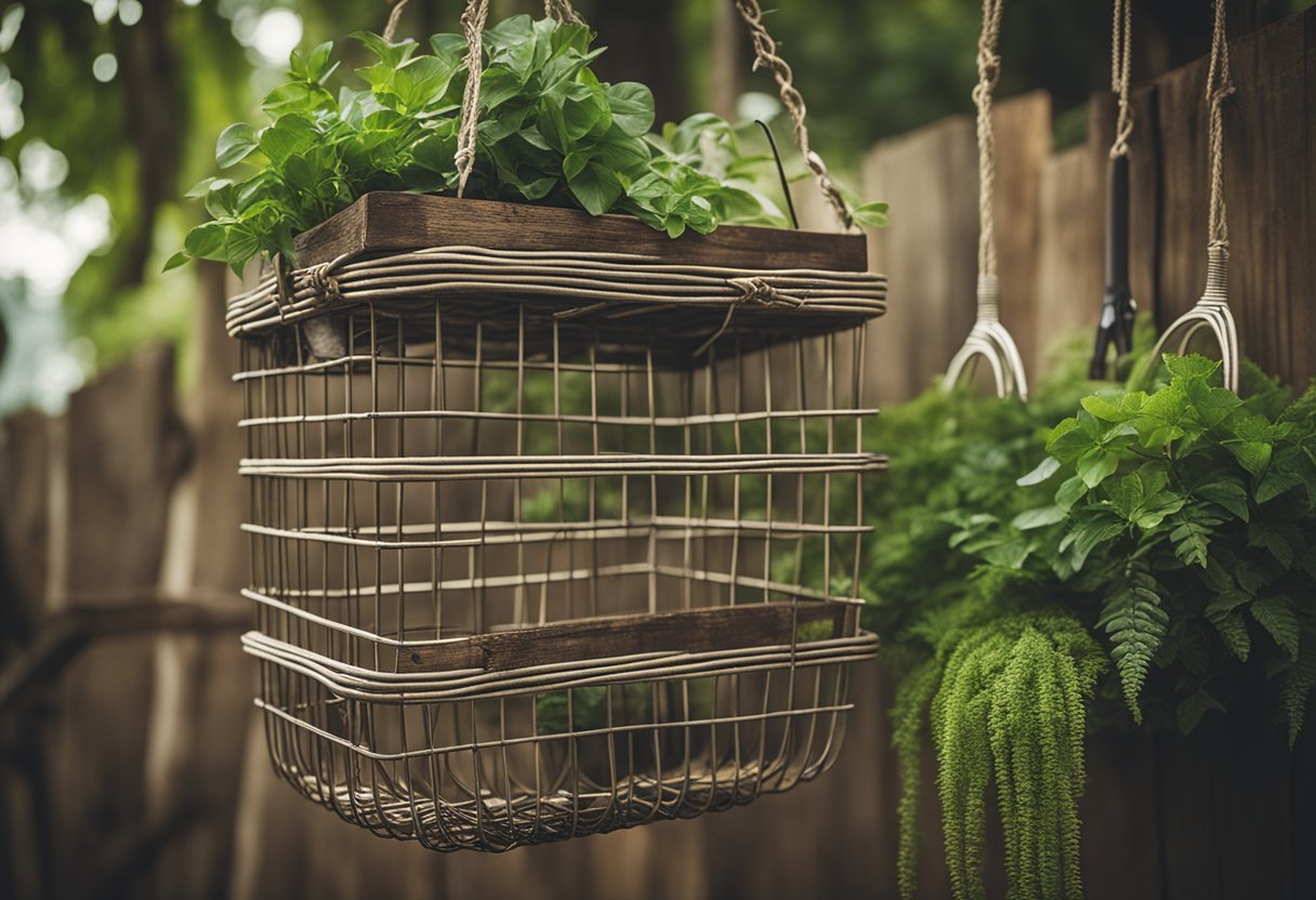 Rustic wire baskets hang from weathered wood, surrounded by tools and greenery
