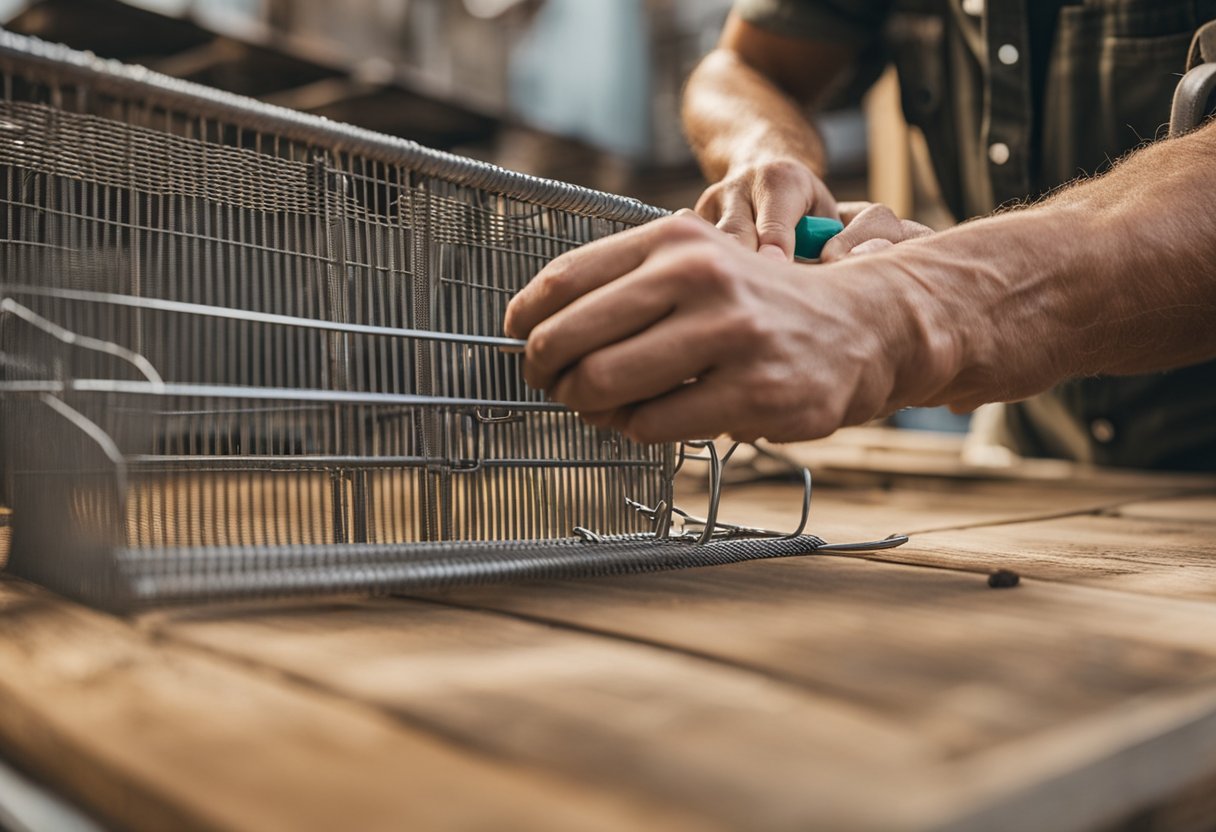 A person cuts hardware cloth and attaches it to reclaimed wood to create farmhouse-style hanging wire baskets