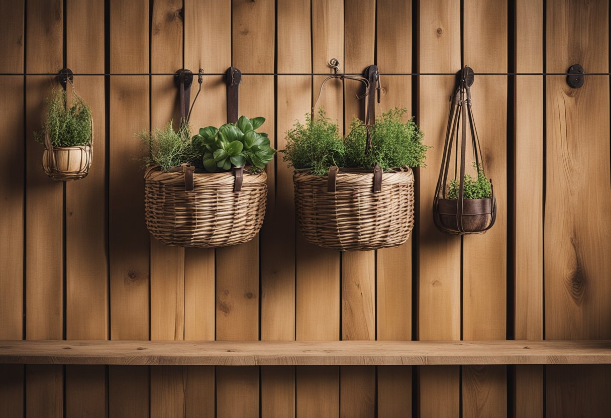 A wooden plank with three wire baskets hanging from hooks, stained or painted with a rustic finish