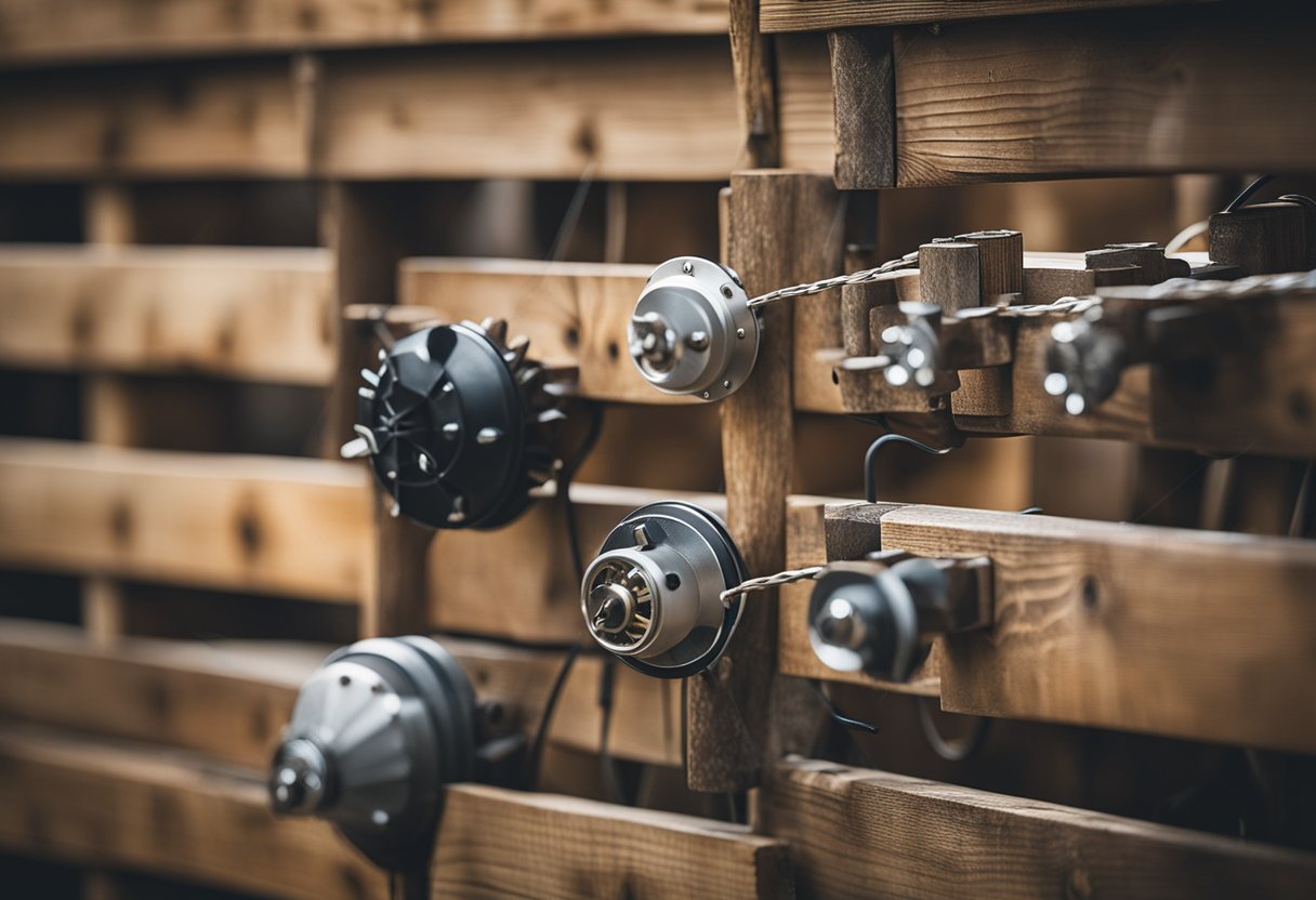 A drill secures wire baskets to reclaimed wood