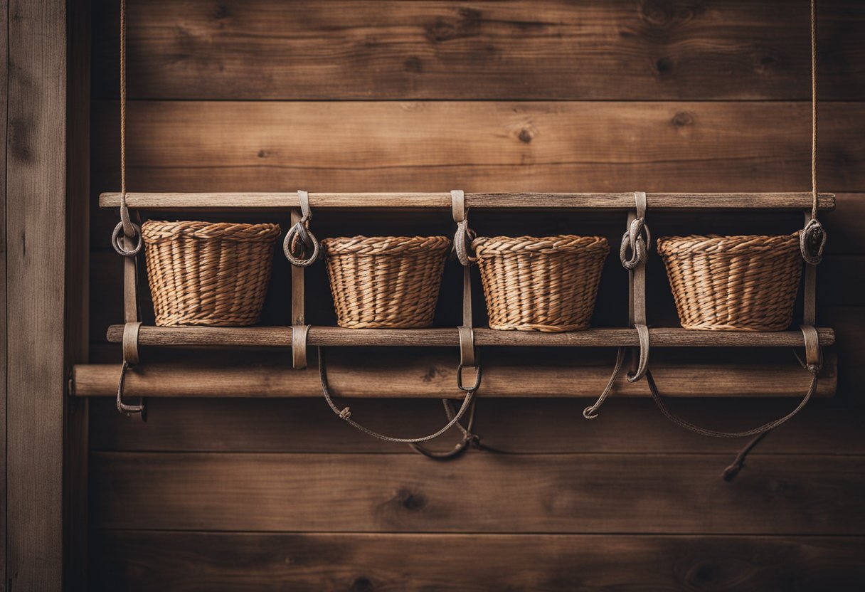 A wooden plank with attached D-rings holds three wire baskets in a rustic farmhouse setting