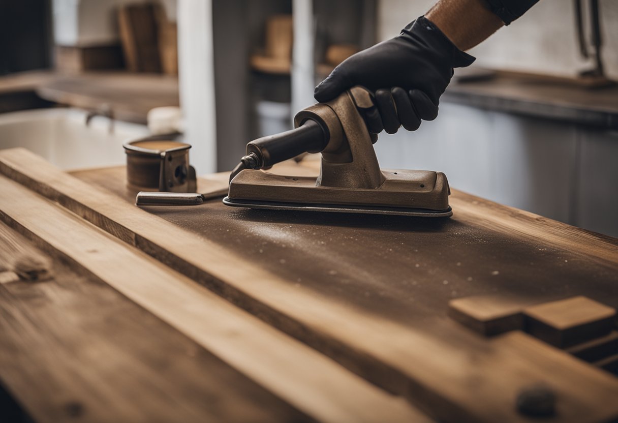 A wooden sign being sanded and cleaned with industrial tools and materials in a rustic farmhouse bathroom setting