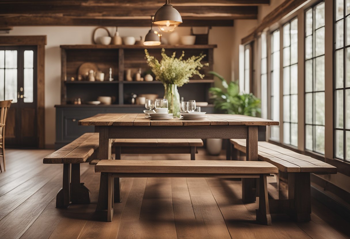 A rustic farmhouse bench made from reclaimed wood sits beside a dining table, surrounded by warm, inviting decor