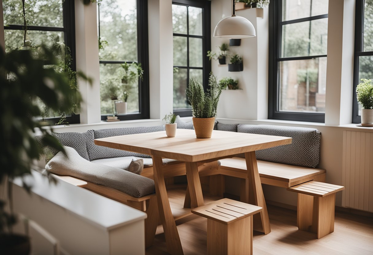 A cozy nook with a DIY bench made from IKEA hacks, surrounded by a dining table and creative seating ideas