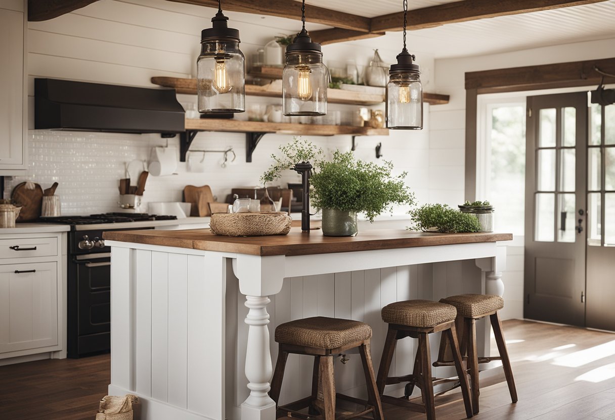 A cozy farmhouse with a front porch, shiplap walls, vintage furniture, rustic wood beams, a farmhouse sink, mason jar light fixtures, and a mix of patterns and textures