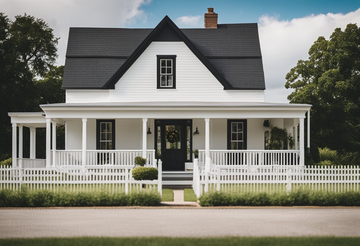 A white house with black trim, a front porch with a rocking chair, a barn in the background, and a picket fence
