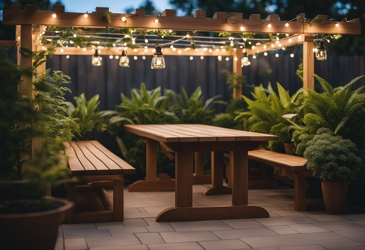 A wooden bench with a built-in planter box, positioned under a pergola with hanging string lights, surrounded by potted plants and a dining table
