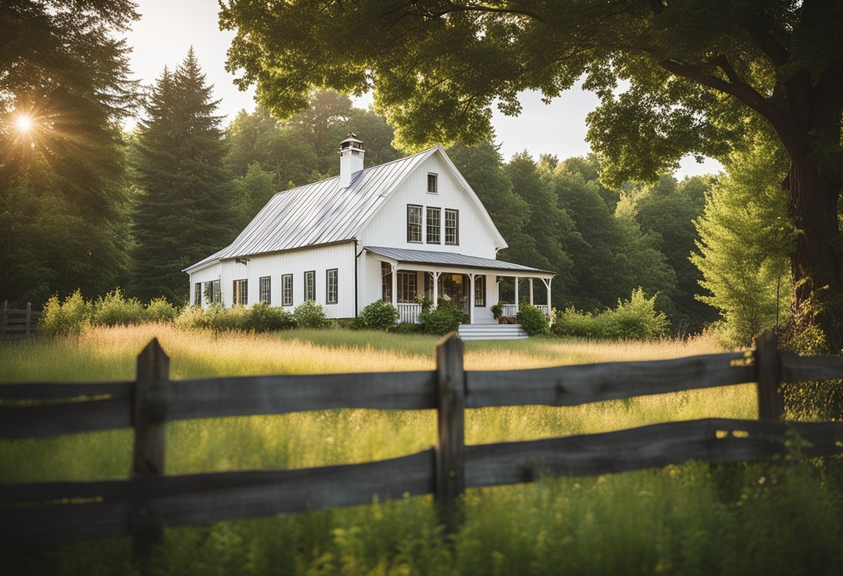A charming farmhouse with white board and batten siding, surrounded by lush greenery and a rustic wooden fence