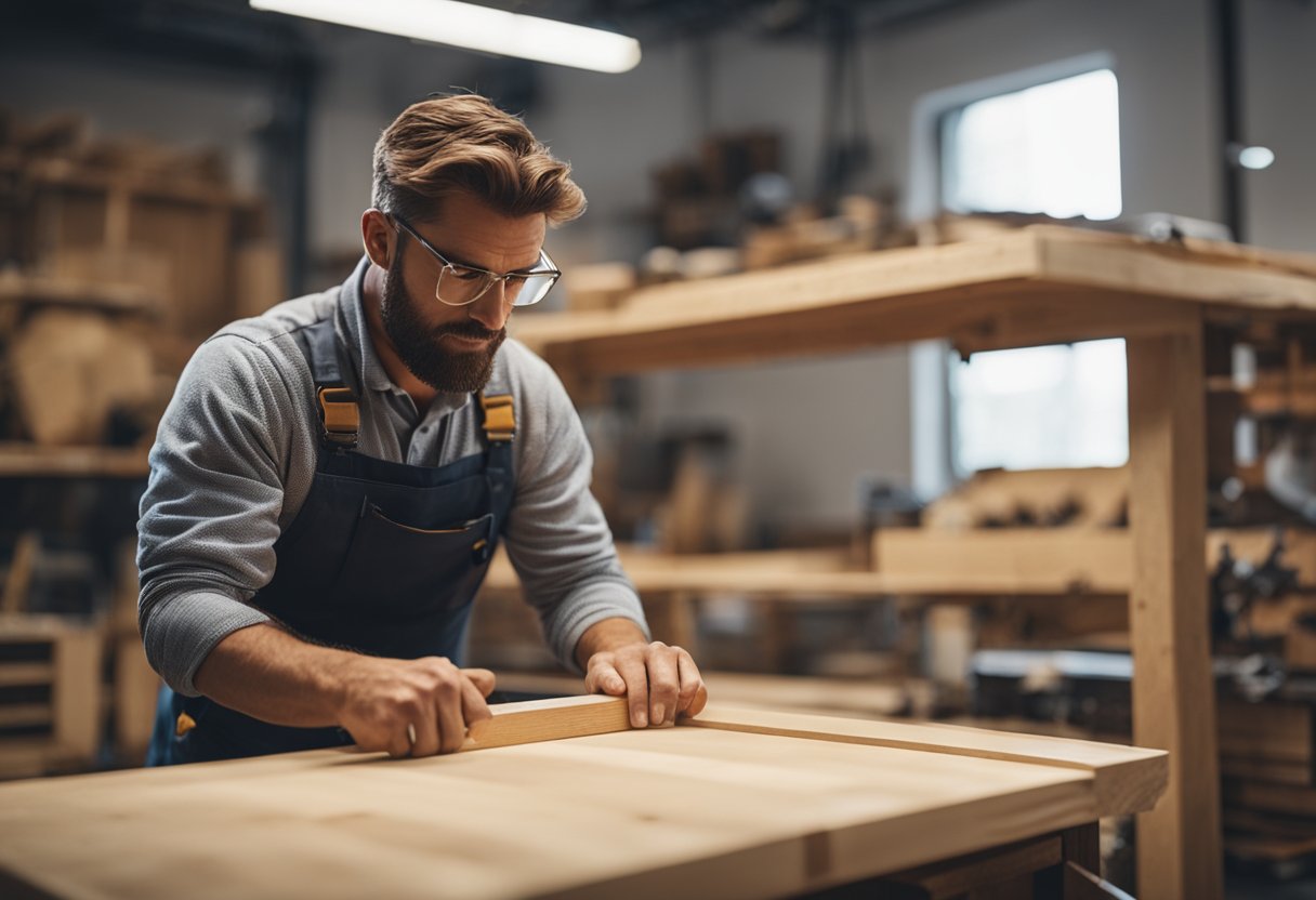 A woodworker constructs a custom bench with built-in storage, using tools and materials in a well-lit workshop