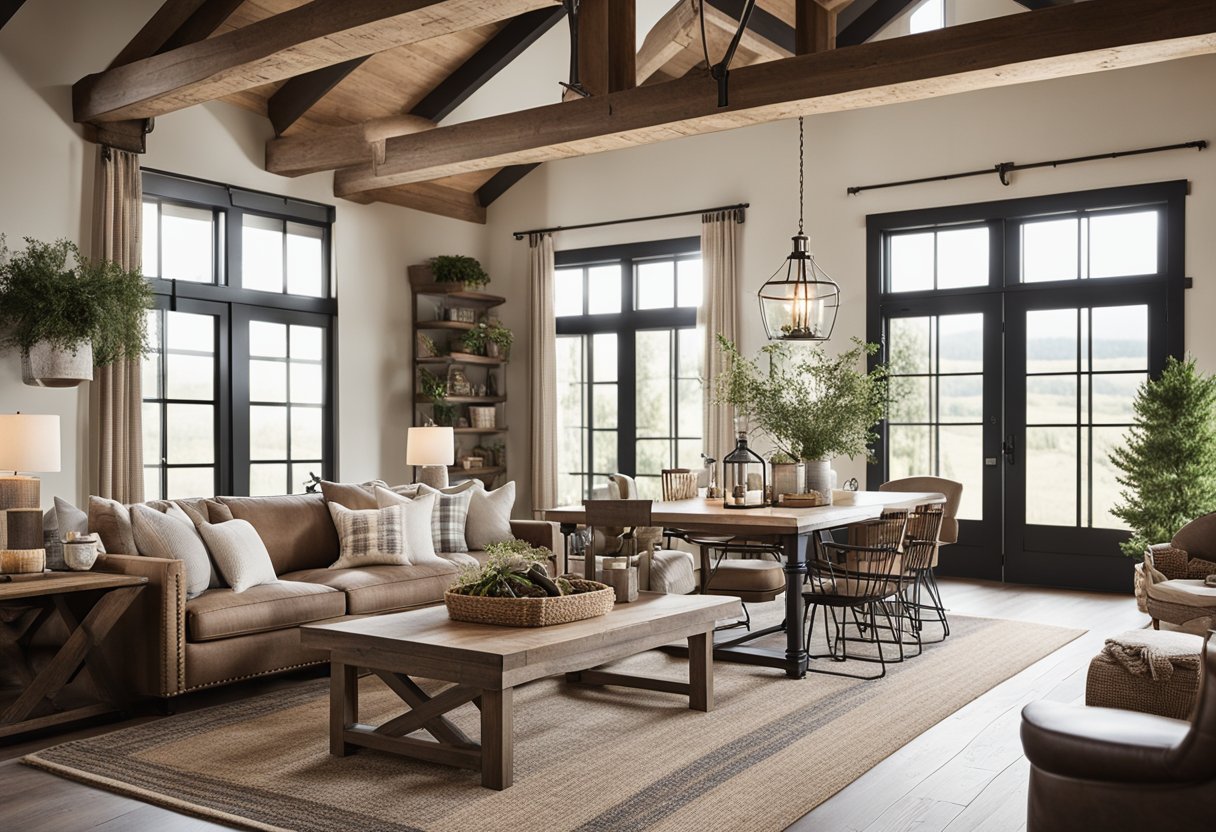 An open floor plan living room with rustic wooden beams, a large farmhouse dining table, vintage industrial lighting, shiplap walls, and cozy seating area with plaid throw pillows and a woven rug