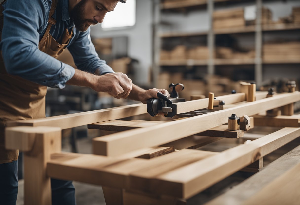 A person assembles a timber bench using basic tools in a well-lit workshop. The bench is simple in design and is being placed next to a dining table