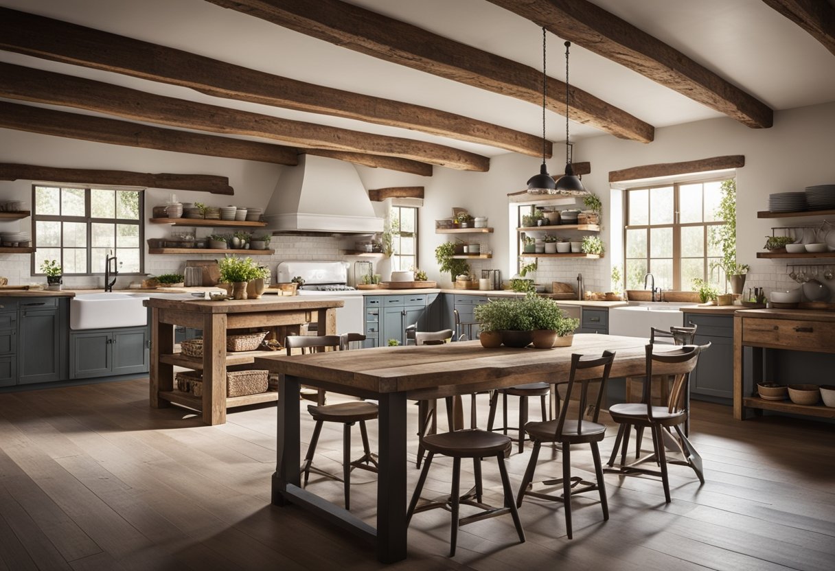 A rustic farmhouse kitchen with exposed wooden beams, a large farmhouse sink, open shelving, and a distressed wooden dining table with mismatched chairs