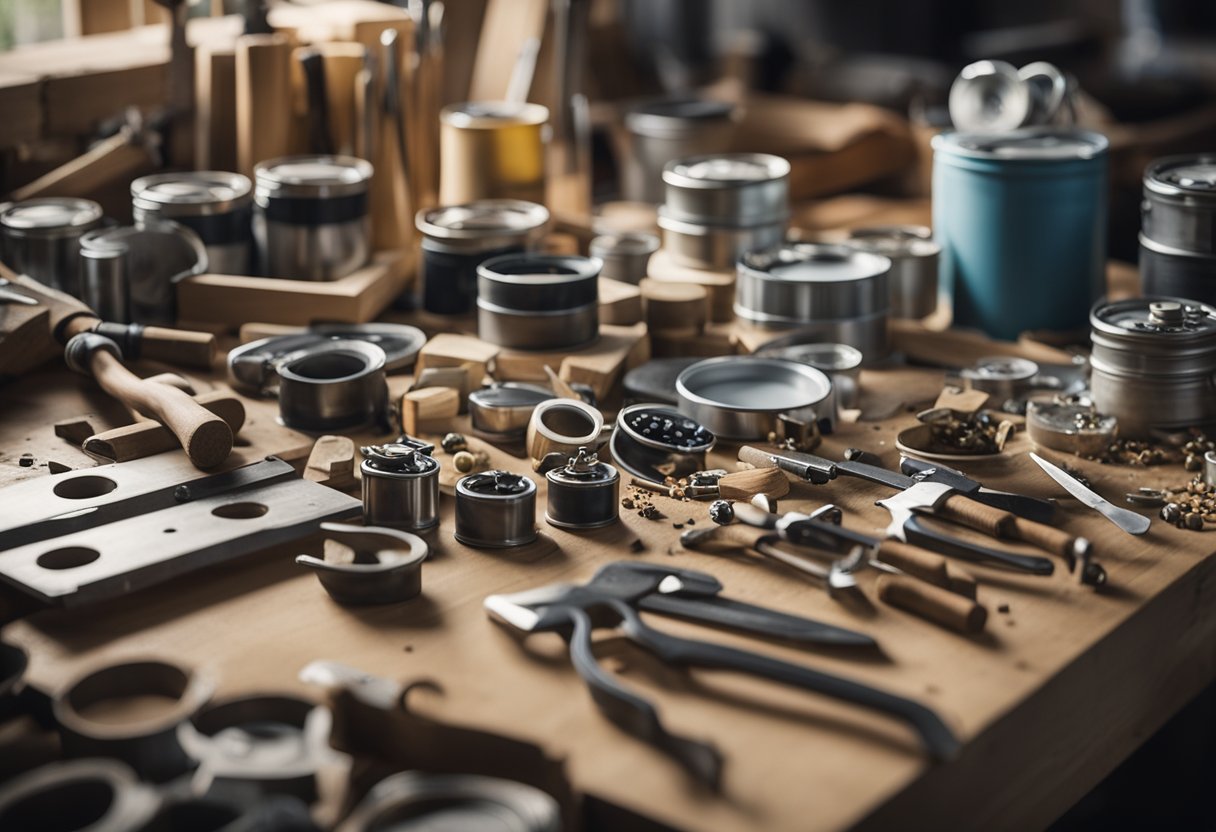 A workbench cluttered with various materials: wood planks, screws, paint cans, and tools. A dining table in the background, waiting to be adorned with a new DIY creation