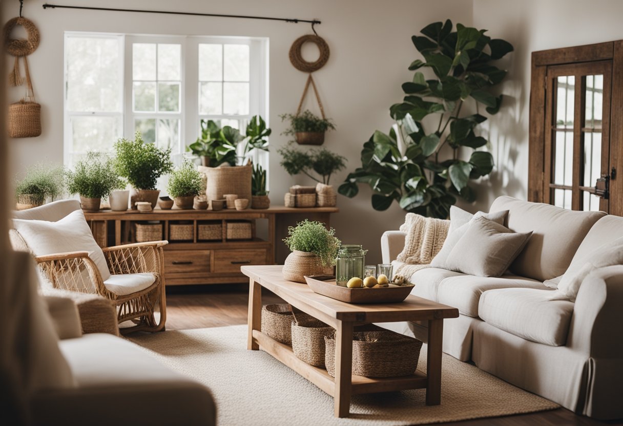 A cozy farmhouse living room with rustic wooden furniture, soft neutral textiles, vintage decor, and natural elements like plants and woven baskets