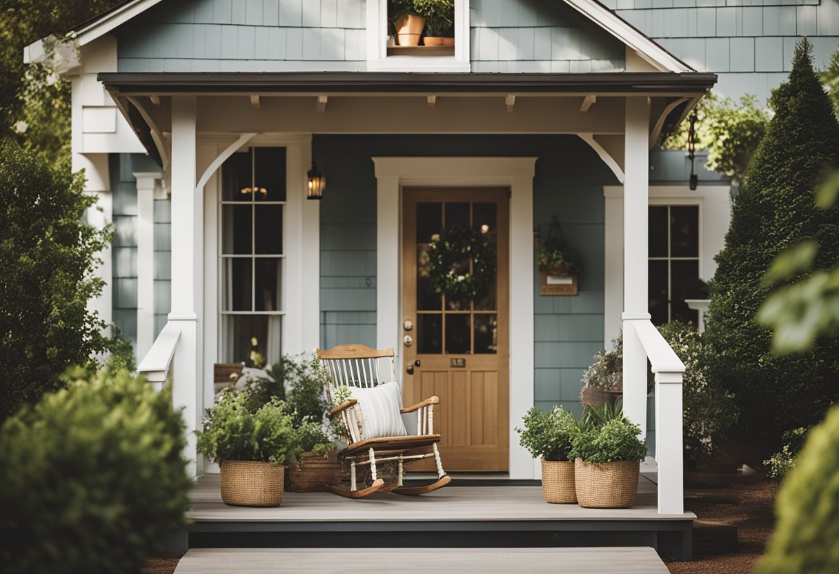 A farmhouse-style house with a covered porch, complete with a rocking chair, hanging plants, and a wooden swing